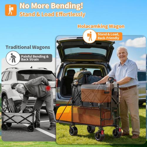 480L Double Decker Wagon, 58 L Extended Foldable Utility Cart with Tailgate, Big All-Terrain Wheels with Brakes, 520lbs Heavy Duty Collapsible Wagon for Camping Beach Sports Grocery Pets