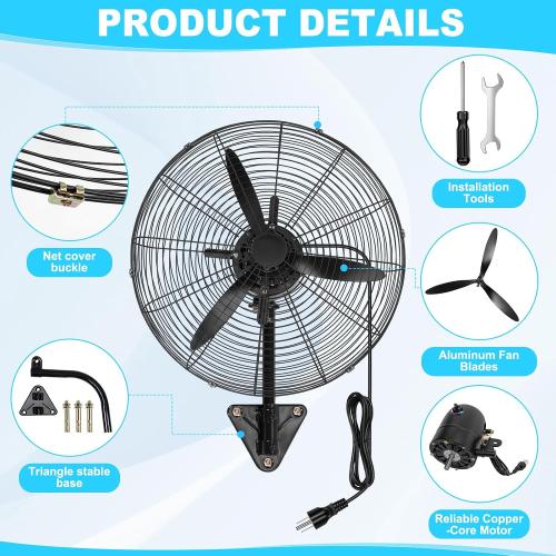Aurelema 2 Set 22 Inch Wall Mount Fan Oscillating Industrial Heavy Duty Metal 3 Speed Fan, 7500 CFM High Velocity Cooling Powerful Airflow for Commercial Residential Garage Warehouse Workshops Factory