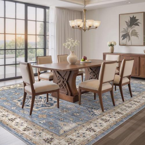 Washable Area Rugs for Living Room -Neutral Vintage Distressed Floral Farmhouse Boho Large Soft Floor Rug Indoor Non Slip Carpet for Living Room Bedroom Dining Room Office - Blue