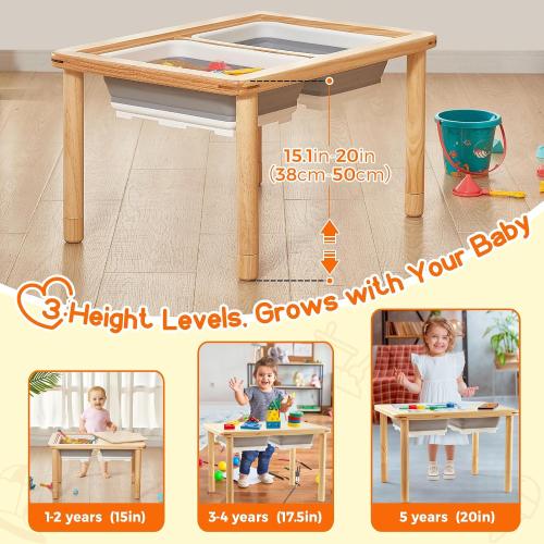 FUNLIO Wooden Sensory Table for Toddlers 1-5, 3-Level Height Adjustable Kids Activity Table with Anti-Warping Plywood Lid, Indoor/Outdoor Play Sand and Water Table, CPC Certified