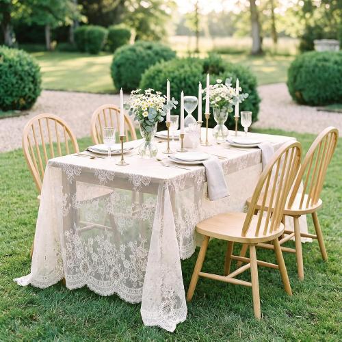 Fanqisi Ivory Lace Tablecloth 60x120 Inches Classic Wedding Lace Tablecloths Overlay Party Table Cover for Bridal Shower Reception Table Decoration