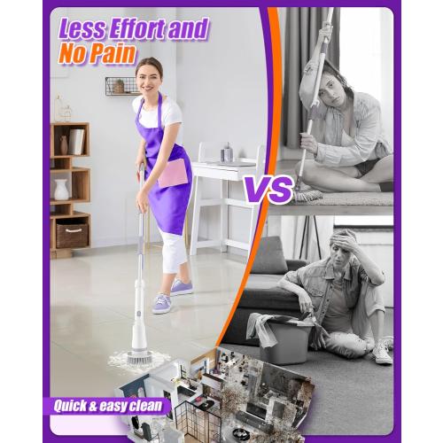 Electric Spin Scrubber, Cordless Shower Scrubber Rotary Floor Brushes & Pad Drivers with 6 Brush Heads - 2H Dual Speed, IPX7 Waterproof Extension Handle for Bathroom Tile Car Cleaning (White)