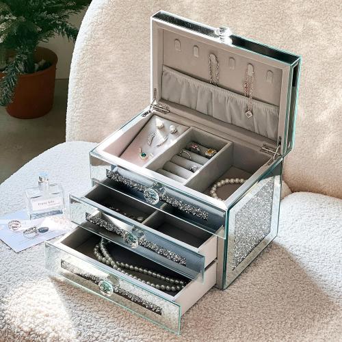 Mirrored Jewelry Box, 3-Layer Glass Jewelry Organizer with Lid & 2 Drawers, Silver Crushed Diamond Home Decor, Fancy Gift for Her (9.3 L x 6.3 W x 7.1 H)‼️ slight imperfection with diamonds on right side small light scratches on glass‼️