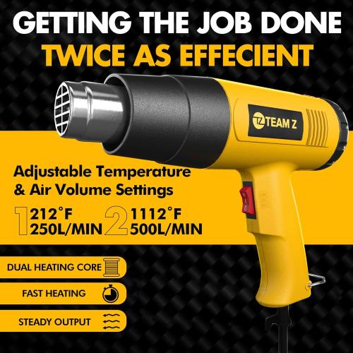 Team Z 1800W Heat Gun Kit 212°F to 1112°F(Only °F)- Fast Heating Heavy Duty Hot Air Gun, LCD Display, Overload Protection with 4 Nozzles for Shrink Wrap, Soften Paint, Bend Plastic Pipes and More