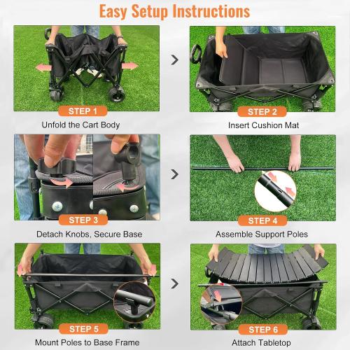 Collapsible Foldable Wagon Cart with Big Wheels and Tabletop, Large Capacity 440Lbs Folding Utility Wagon Carts for Sand, Beach, Camping, Shopping, Sport (Gray)