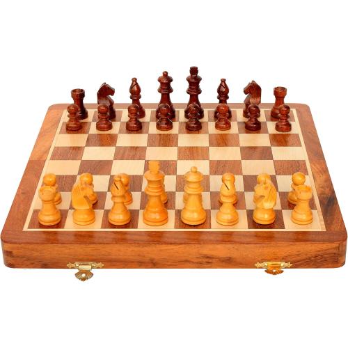 StonKraft Wooden Foldable Travel Chess Game Board with Storage Slots, 14 Inch