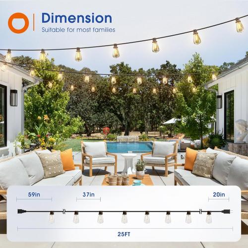 addlon 25FT LED Outdoor String Lights Waterproof Patio Lights with 9 Shatterproof ST38 Replaceable Bulbs(1 Spare), Dimmable Outside Hanging Light Connectable for Porch, Backyard, 2200K Warm Yellow