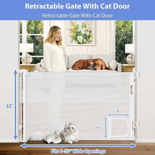 WHITE Retractable Baby Gate with Cat Door 55 Wide Retractable Baby Gate for Stairs Mesh Baby Gate with Pet Door Retractable Dog Gate for The House Retractable Pet Gate with Door Safety Gates for Toddlers