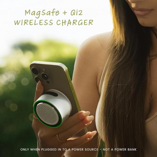 MagSound MagBeat Bluetooth Speaker with Magnetic Wireless Charger (Titanium), Portable Stereo Sync TWS, Booming Bass, Up to 10H, IPX7 Waterproof, Gift for Men