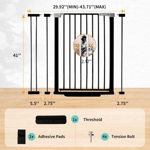 Rgqphantom 41 Tall Safety Pet Gate,Adjustable 29.92-43.71 Wide,No Drilling Pressure Mount Kit,Auto Close Cat Gate Suitable for Stairs,Doorways (Black, 29.92-43.71)