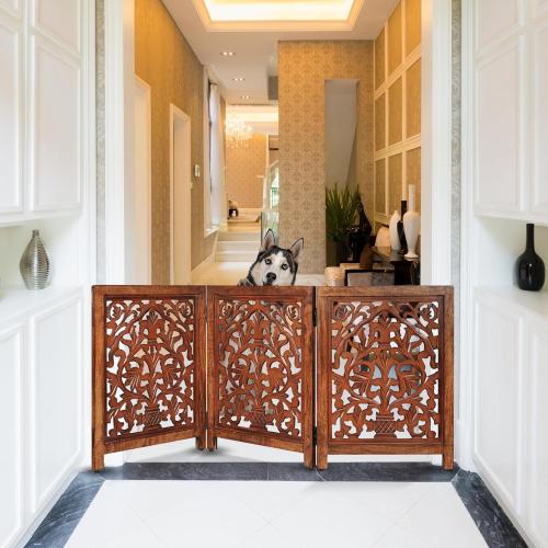 Decorative Wooden Pet Gate, Dog Fence, Cat Gate, Foldable, Adjustable, Portable, Extra-Wide, Wooden Dog Barrier, Free-Standing Puppy Gate 3 Panels for Indoor, Doorways, Stairs-24x54 Inch Antique Burnt
