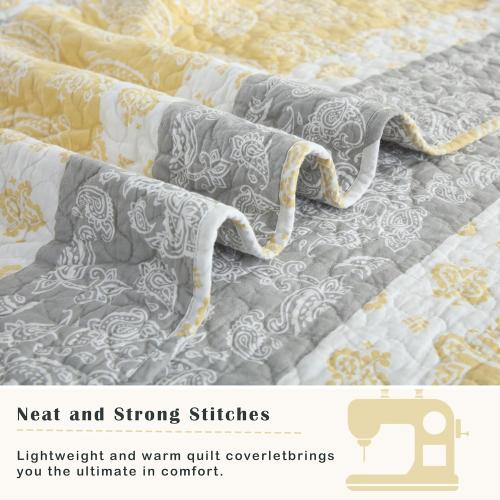 Yellow Quilts Queen Size, Cotton Bed Set, Yellow Grey White Comforter, Striped Bedding Queen Size, Lightweight Luxury Bedspread,3 Piece