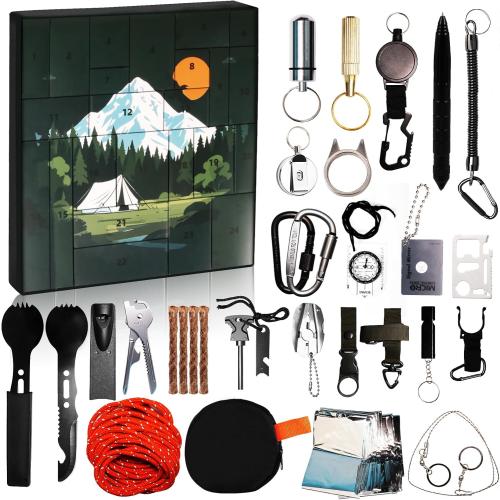 Survival Kit Advent Calendar 2025, 24 Days Survival Tools Christmas Countdown Calendar for Adult Men Teen Xmas Surprise Gift for Outdoor Enthusiasts