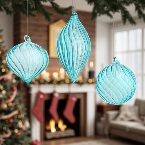 3 Pcs Hand Blown Glass Christmas Ornaments Hanging Baubles for Xmas Tree Decorations (Blue)