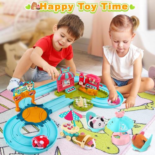 Hamster Car Track Toys for Kids - Pretend Play Ice Cream Theme Educational Track Car Games Set with 2 Mini Hamster Toys & Accessories, Birthday Gift for 3 4 5 6 7 Year Old Toddlers Boys Girls