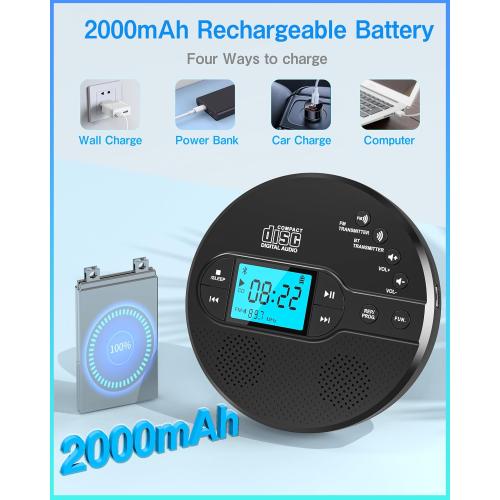 Portable CD Player with Bluetooth, Disman CD Player for Car with FM Transmitter, Rechargeable CD Player Portable with Anti-Skip Protection, Headphones, AUX/USB Supported, LCD Display(Black)