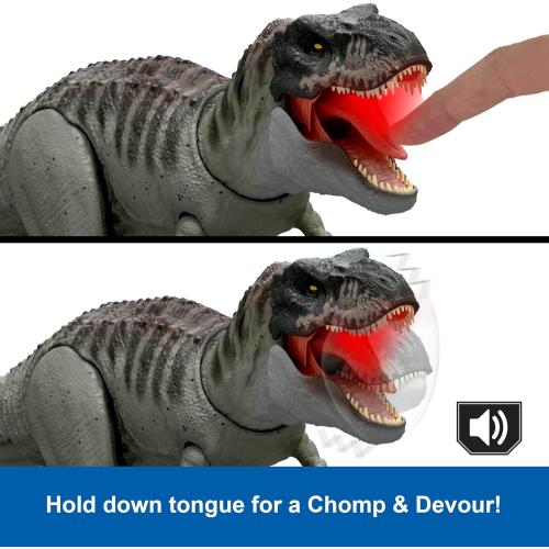 Mattel Jurassic World Rebirth Power Devour Tyrannosaurus Rex Dinosaur Figure with Tongue Activated Constant Chomp, Lights & Sounds, Digital Play