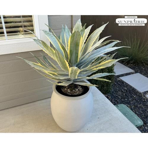 SUNPRAIRIE 32 Inch Tall Large Faux Agave Plant with Two-Tone Sawtooth Edged Leaves; Planted in Black Pot with Real Stone Pebbles. Large Artificial Plants Indoor and Outdoor.