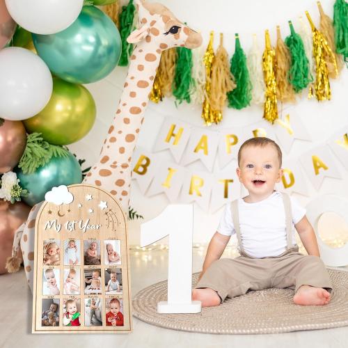 My First Year Wooden Photo Board, Baby’s First Year Picture Frame, One Year Birthday Photo Display Wood Board, 12 Months Milestone Board Photo Frame, Gift for Newborn Baby 1st Birthday Memories Nursery Decoration (Star)
