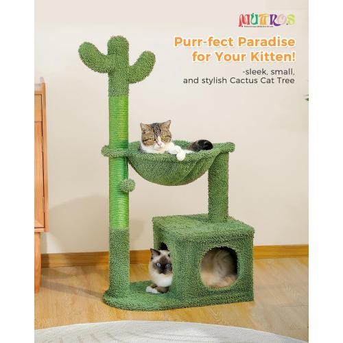 Cactus Cat Tree 40 Cat Tower with Large Metal Carpet Hammock, Cat Scratching Post for Indoor Cats with Condo & Replaceable Toy Ball, Green
