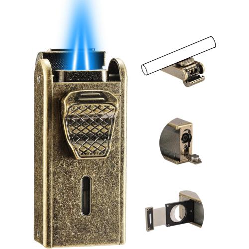 Torch Lighter, All in One Jet Flame Butane Lighter Built-in Cutter, Punch, Holder Function, Refillable and Adjustable Windproof Gas Lighter, Gifts for Men. Golden(Sold Without Gas)