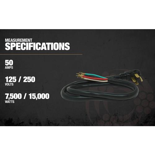 Southwire 9044SW8808 Range Power Cord; 4-Foot; 1/4-Inch Flanged Terminals; Flat Plug; Compatible With Most Standard Free Standing Electrical Ranges With A 4 Conductor Wall Outlet; 125/250-Volt; 50-Amp