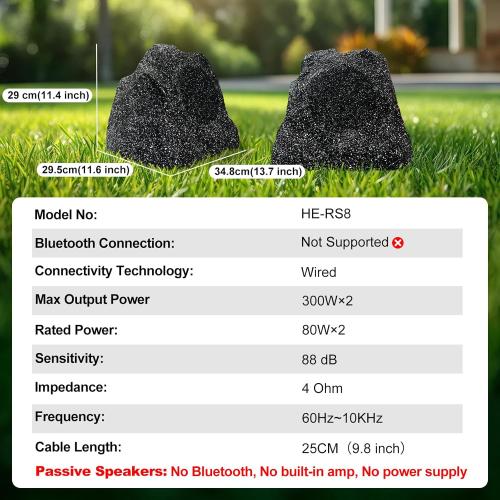 Herdio 8 Outdoor Rock Passive Speakers 600 Watt,IPX7 Waterproof,Hardwired, for Pool,Garden,Deck,Outdoor Activities (Black,Pair)