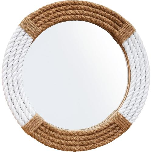 Nautical Rope Wall Mirror 18 inch – Round Hanging Mirror with White & Natural Jute Rope Frame, Coastal Farmhouse Boho Decor for Bathroom, Living Room, Entryway.