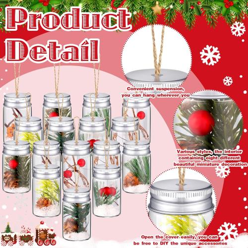 16 Pcs Christmas DIY Fillable Ornaments Kits Clear Glass Bottle Hanging Ornaments, Pine Cones Hanging Mason Jar with Screw Off Caps Rope for DIY Crafts Home Farmhouse Christmas Tree Party Decoration