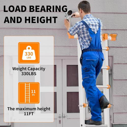 Silver Valeo Ladder 11FT, Multi Position 3 Step Ladder Extension, Anti-Slip A Frame Folding Ladder with Removable Tool Tray, 330lbs Adjustable Telescopic Aluminum Ladders for Stairs Home Indoor Outdoor Roof