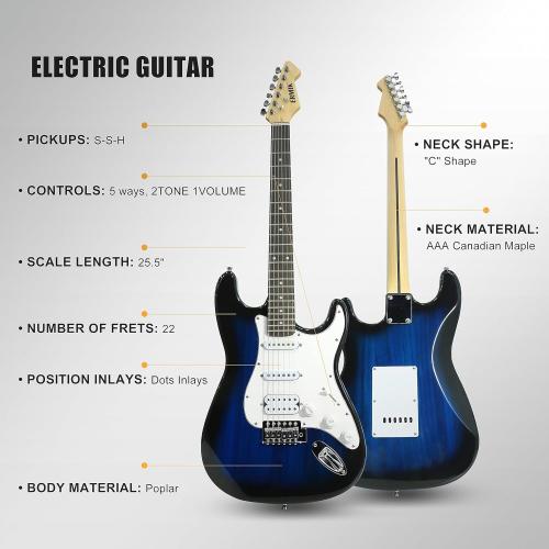 Ermik Solid Body Electric Guitar Kit with Amp 20W, Strings, Strap, Digital Tuner, Picks, Gig Bag, Cable, Tremolo Bar, 39 Full Size Guitar HSS Pickups Guitarra Electrica Beginner Gift - Blue