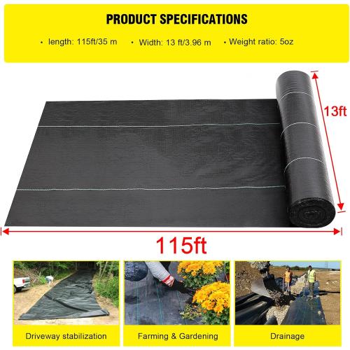 Doniks 13x115ft Driveway Fabric,5OZ Commercial Heavy Duty Weed Barrier Fabric, Garden Landscape Fabric,French Drain Fabric for Erosion Control,Landscape Fabric,Weed Barrier,Construction Projects