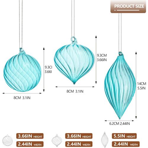 3 Pcs Hand Blown Glass Christmas Ornaments Hanging Baubles for Xmas Tree Decorations (Blue)