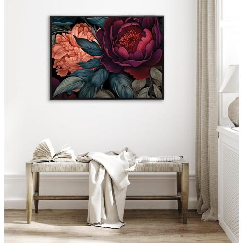 Kate and Laurel Sylvie Dark Academia Floral in Rich Jewel Tones Framed Canvas Wall Art by The Creative Bunch Studio, 31.5x41.5 Black, Modern Colorful Flower Art for Wall