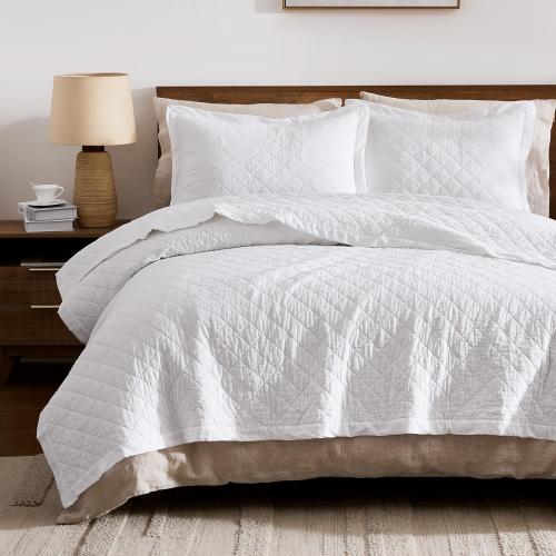 WDCOZY 100% Pre-Washed Cotton King Size Quilt Set - White Ruffle Box Soft Lightweight Bedspread, Textured Like Linen, Farmhouse Country Rustic Coverlet, Shabby Chic Gauze Bedding, 3 Pieces