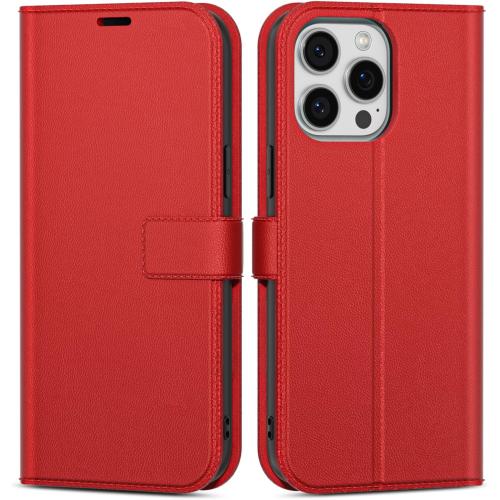 oakxco for iPhone 14 Pro Max Wallet Case with Credit Card Holder, Magnetic RFID Slim Folio Book Flip Leather Phone Case for Women Men Girl, Cute Soft Silicone Rubber Shockproof Cover, Red