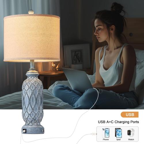 28 Living Room Lamps Set of 2, Farmhouse Lamps for Bedroom with USB A C Charging Ports, Touch Lamps for Nightstand, 2 Bulbs Included