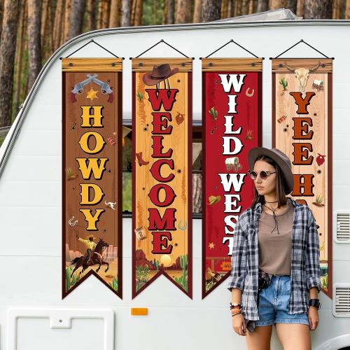 4 Pcs Western Cowboy Party Decorations Wild West Banner Howdy Yes Haw Welcome Hanging Decor Rustic Western Porch Sign Cowboy Rodeo Door Decorations for Bar Birthday Photo Props Vintage Party Supplies