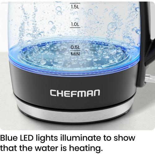 Chefman Electric Kettle, 1.8L 1500W, Hot Water Boiler, Removable Lid for Easy Cleaning, Auto Shut Off, Boil-Dry Protection, Stainless Steel Filter, BPA Free, Borosilicate Glass Electric Tea Kettle
