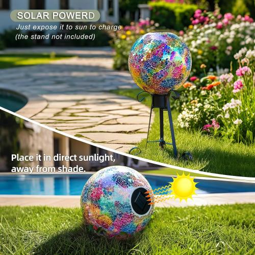 VOREEN 10 Mosaic Solar Gazing Ball, Colorful Crackle Glass Globe with Solar Light, Handmade Outdoor Garden Decor Sphere, IP45 Waterproof Patio Lawn Yard Ornament, Idea