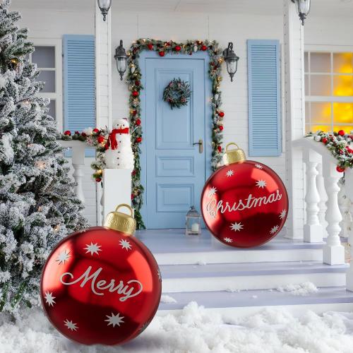 2 Pcs Christmas Inflatable Balls, 24 Inch Outdoor Decorative PVC Ball, Xmas Blow Up Jumbo Ball for Indoor, Giant Ornaments Outside Holiday Yard Lawn Decor (Merry Christmas)