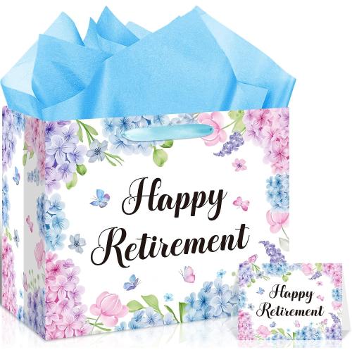 Happy Retirement Gift Bag for Women Blue Floral Retirement Gift Bag with Tissue Paper Greeting Card Hydrangea Retired Gifts for Happy Retirement Office Coworkers Farewell Going Away Party Decorations