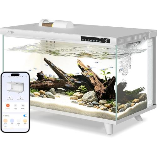 M1 5.3 Gallon Smart Fish Tank, App-Controlled Betta Aquarium Starter Kit | Integrated Lid with Auto Feeder, Full Spectrum LED, Temp Display, Dual Filtration, Quiet Pump for Desktop, White