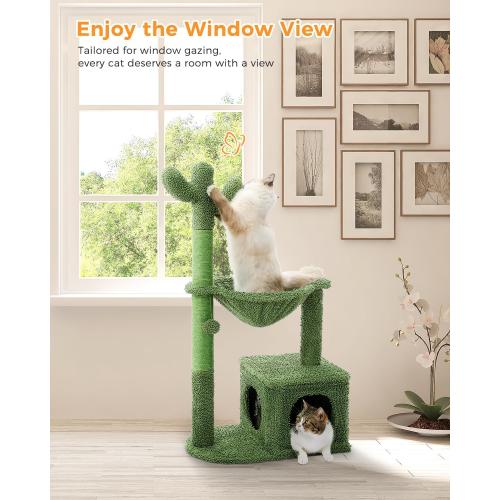 Cactus Cat Tree 40 Cat Tower with Large Metal Carpet Hammock, Cat Scratching Post for Indoor Cats with Condo & Replaceable Toy Ball, Green