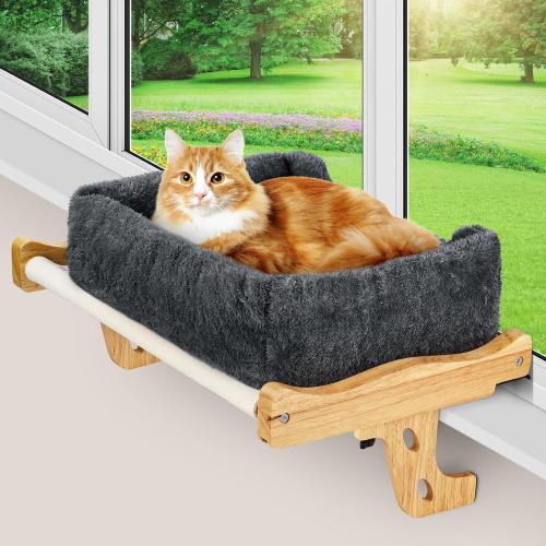 Heated Solid Wood Cat Perch, Removable Heating Pad for Window Seat, 24H Timer Cat Hammock with Wide Edge Cushion, Easy Clean Adjustable Bed for Window Sill, Bedside, Drawer