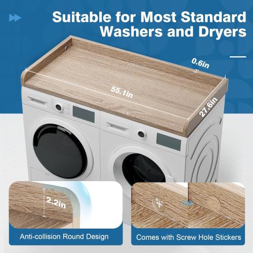 Washer Dryer Countertop 54 inch x 27.5 inch Laundry Room Countertop for Washer and Dryer with Edge Rails, Oak