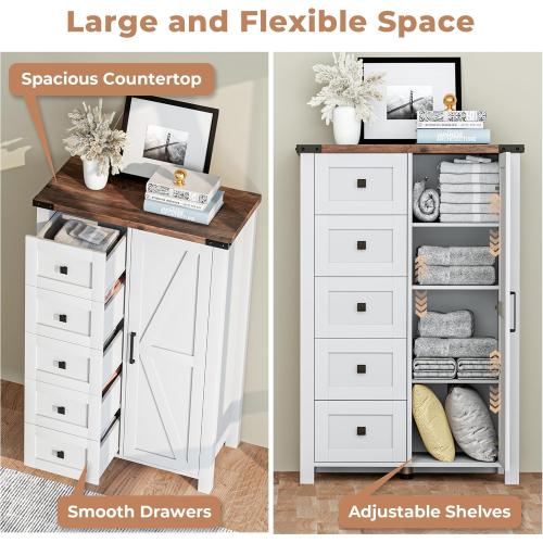 Dresser Storage Cabinet Chest of Drawer for Bedroom, with Barn Door, White Wood Dresser, Adjustable Shelves, Rustic, for Living Room, Entryway, Hallway