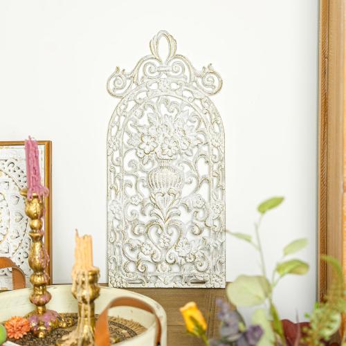 Sungmor Vintage Cast Iron Wall Plaque - Antique Style Carved Artwork, Decorative Metal Art Panel - Intricate Scroll and Floral Vase Design - Rustic Home & Garden Décor - 18 x 8, White
