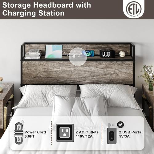 Size Queen Color Grey  Size Lift Up Storage Bed Frame, Wooden Platform Bed Frame with Lifting Storage & Charging Station, No Spring Box Needed/Noise Free, Rustic Grey