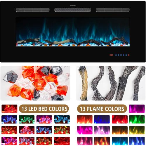 Size 42 inches Electric Fireplace Inserts, Recessed and Wall Mounted Fireplace Heater, Linear Fireplace w/Thermostat, Remote & Touch Screen, Multicolor Flame, Timer, Logs & Crystal, 750W/1500W